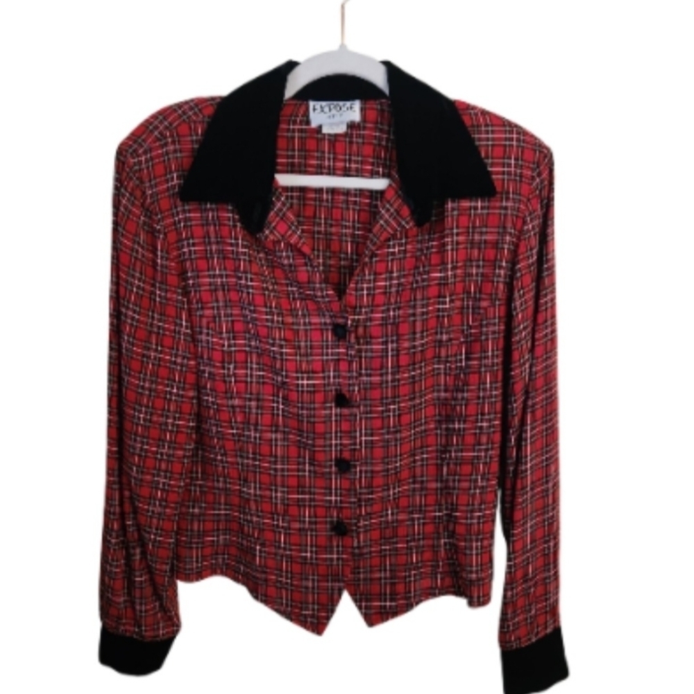 Expose Vintage Red Plaid Black Velvet Collar Equestrian Blouse Size MP